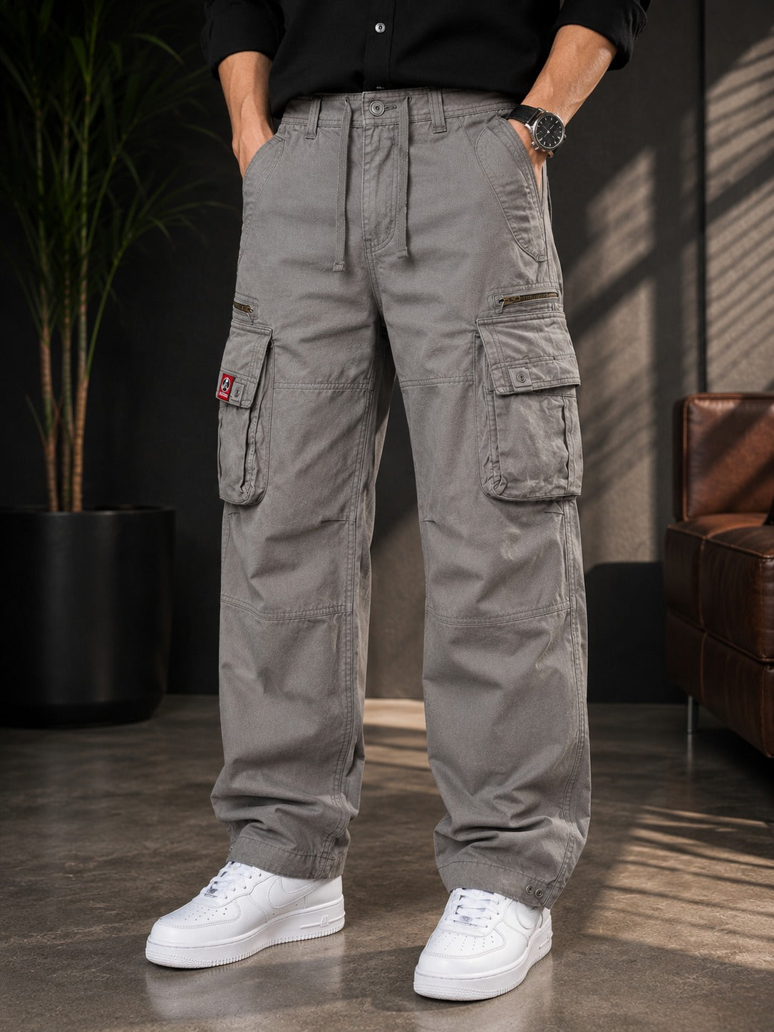 Regaloz Urban Utility Cargo Pants — Grey