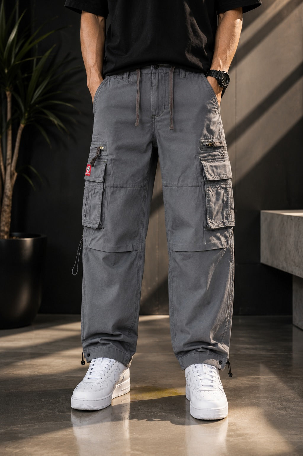 Regaloz Urban Utility Cargo Pants — Grey